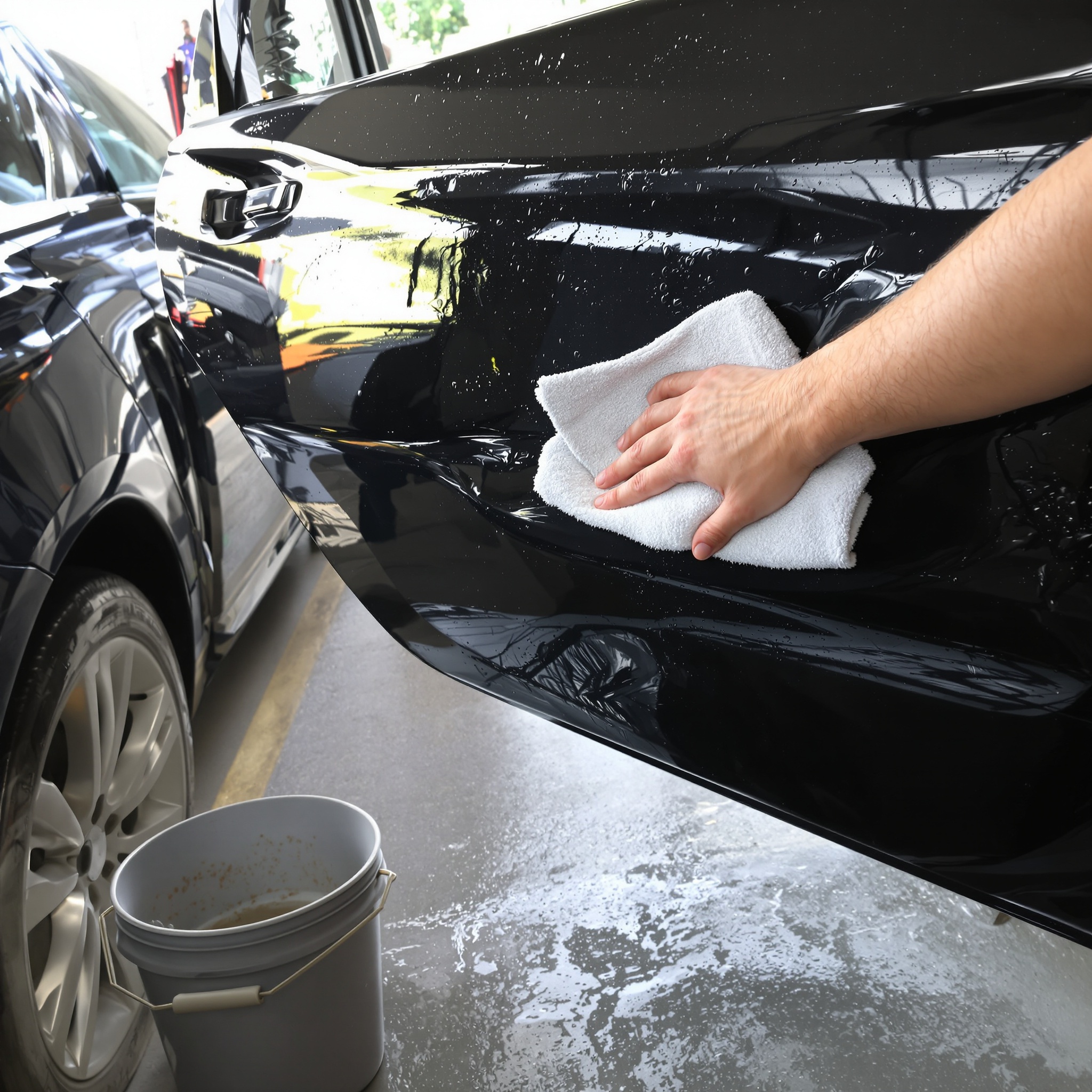 A hand wiping a wet glossy black car door with a plush microfiber towel during a rinseless wash, a dirty rinse bucket on the garage floor beside it