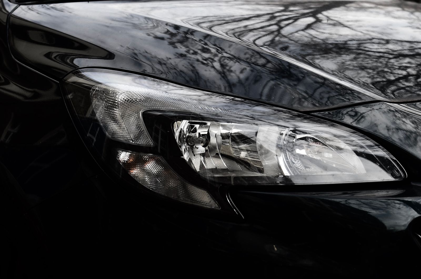 Deep mirror-finish gloss on a freshly waxed black car hood and headlight · the warm, wet-look depth a carnauba spray wax brings out on dark paint